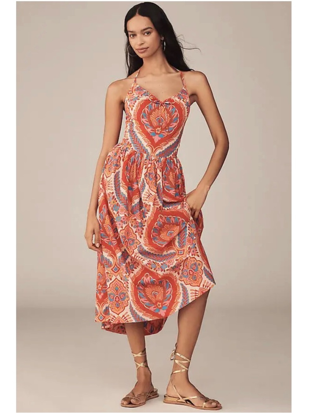 Anthropologie Love the Label Rita Mosaic Halter Poplin Midi Dress Orange XS